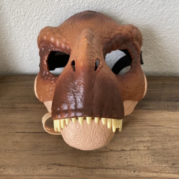 JURASSIC WORLD T-REX TYRANNOSAURUS REX BROWN DINOSAUR MASK MOVEABLE JAW EUC - Picture 2 of 4